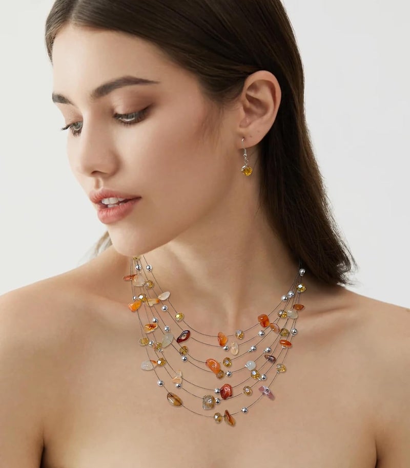 Errally Store Multi-Layer Boho Shell Beaded Necklace for Women Colorful Crystal Strand with Silver Beads Statement Collars Necklace and Earrings Costumes Jewelry Sets for Women - Image 3